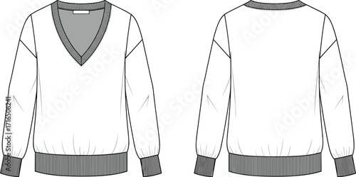 Vector flat fashion sketch of long sleeve V-neck sweater with ribbed cuffs and hem, front and back technical illustration