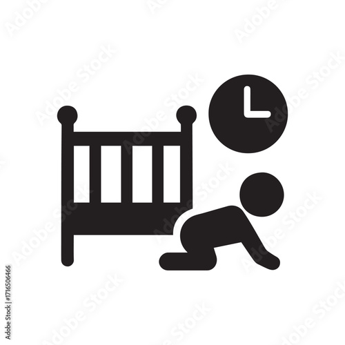 Baby crawling out of crib near clock silhouette
