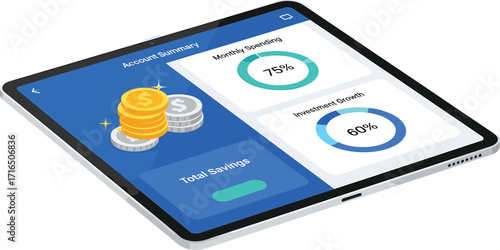 Financial app illustration, tablet screen, account summary, investment growth, monthly spending, savings tracker, data visualization, personal finance, digital dashboard