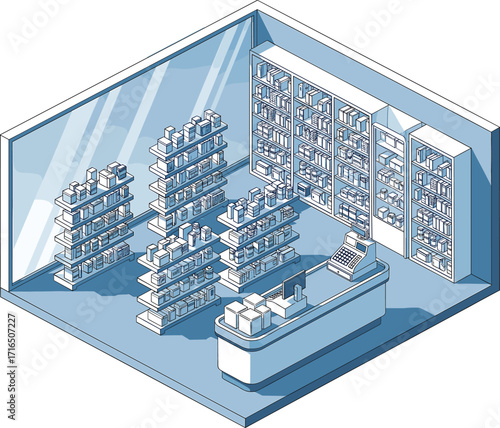 Isometric retail store illustration, pharmacy interior, product shelves, checkout counter, boxed goods, convenience shop layout, modern design, organized shopping space