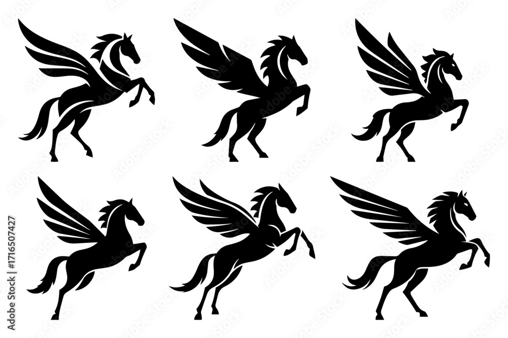 Fototapeta premium Mythical Pegasus Winged Horse Silhouette Set black shape vector laser cutting engraving monochrome print