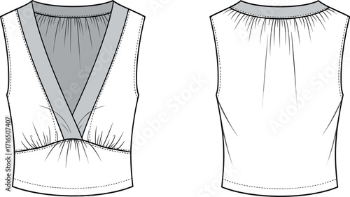 Vector flat fashion sketch of sleeveless women’s top with deep V-neck, ruched bust, curved hem, front and back technical illustration