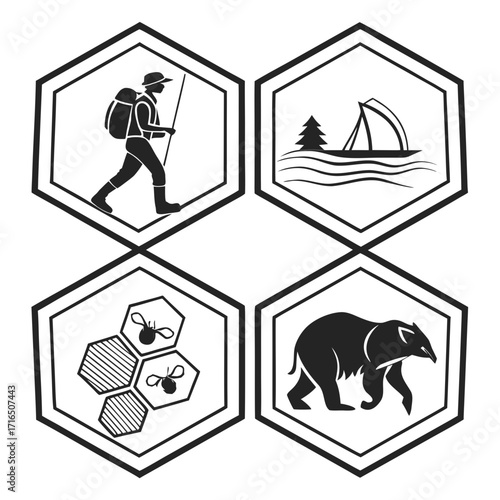 Hexagonal icons featuring outdoor activities and wildlife