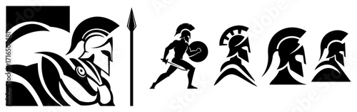 Ancient Greek Spartan Warrior Helmet and Shield black shape vector laser cutting engraving monochrome print