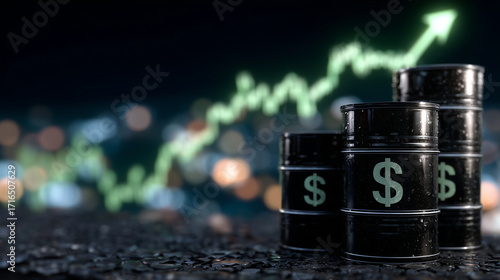 Black barrels of crude oil with dollar signs faintly glowing, green upward-trending graph in background, energy market boom
