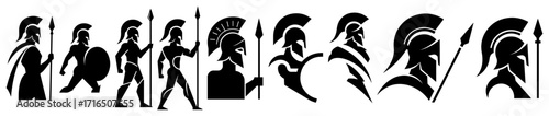 Ancient Greek Spartan Warrior and Helmet Icons Black Shape Vector Laser Cutting Engraving Monochrome Print