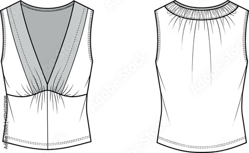 Vector flat fashion sketch of sleeveless women’s top with deep V-neck, ruched bust, curved hem, front and back technical illustration