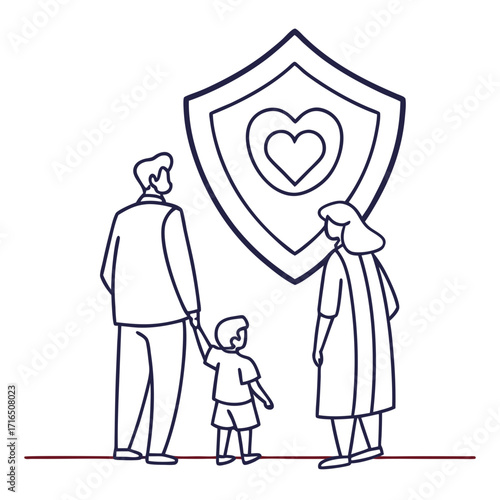 Family seeks protection a family stands before a shield
