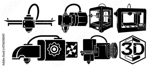 Set of 3D Printer Technology Icons and Extruder Heads