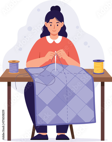 Woman sewing quilt with needles and thread at wooden table creative craft hobby and handmade textile art project