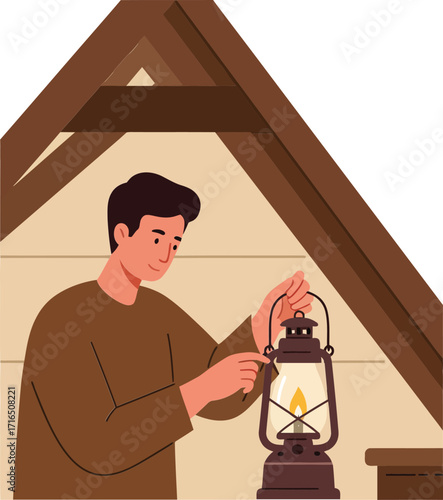 Young man lighting lantern inside attic room cozy warm atmosphere vector illustration