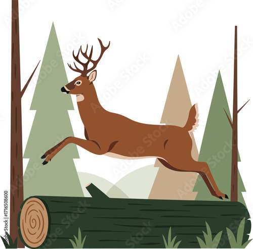 Deer jumping over fallen log in forest with pine trees natural wildlife vector illustration