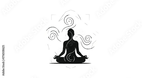 Silhouette of a person meditating in a tranquil, abstract setting with swirling spiritual energy.