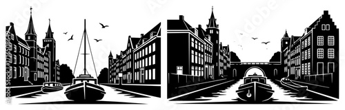 Amsterdam City Canal Scene with Boats and Houses black shape vector laser cutting engraving monochrome print