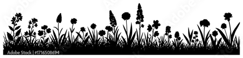 Wildflower Meadow and Grass Border Silhouette black shape vector laser cutting engraving monochrome print