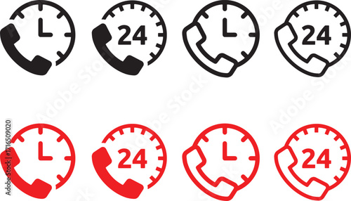 24 hour, service, support, icon, symbol, clock, time, phone, call, customer, help, assistance, round the clock, availability, communication, business, graphic, design, black, red, white background, se