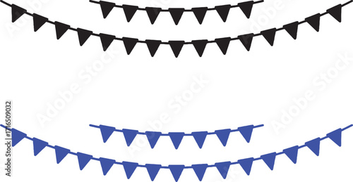 party, bunting, icons, vector, design, illustration, flags, celebration, decoration, garland, banner, string, festive, event, hanging, triangular, black, blue, white background, graphic, graphic eleme