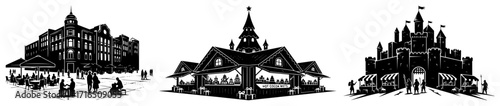 Set of Traditional Street Market and Medieval Fair Black Shape Vector Laser Cutting Engraving Monochrome Print
