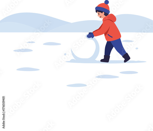 Child playing with snowball in winter landscape wearing warm clothes and hat vector illustration