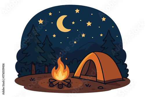 Night camping adventure in nature with tent and campfire. Outdoor landscape with forest, mountains under a starry sky. Vector cartoon for travel, tourism, and summer vacation.