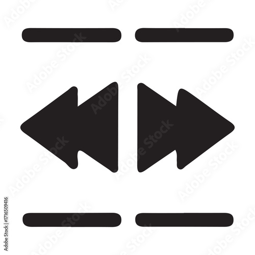 Black rewind and fast forward arrows with horizontal lines indicating playback controls on a white background