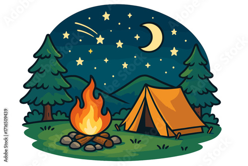Camping adventure with tent and campfire under the stars. Night forest landscape with mountains, moon, and shooting star. Outdoor travel concept. Vector cartoon illustration.
