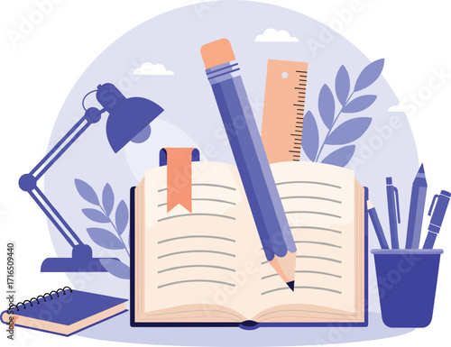 Online education banner with books and stationery, promoting homework assistance, distance learning, and academic support for students