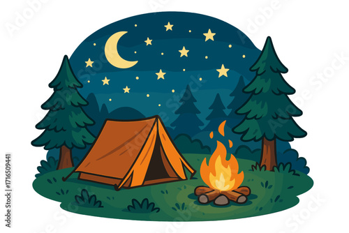 Camping adventure in nature at night. Tent and campfire under the starry sky. Forest wilderness landscape for outdoor travel and summer vacation. Vector cartoon illustration.