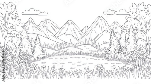 Line drawing mountain landscape
