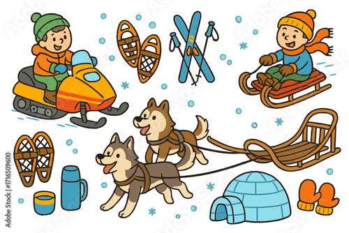 Cute winter activities collection. Cartoon vector set with child on snowmobile, dog sledding with huskies, skiing, snowshoeing, and igloo. Fun kids winter sport illustration.