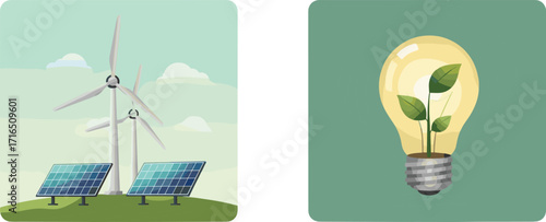 Renewable energy concept, solar panels, wind turbines, eco-friendly power, green innovation, light bulb plant, sustainability, clean energy, nature protection, illustration