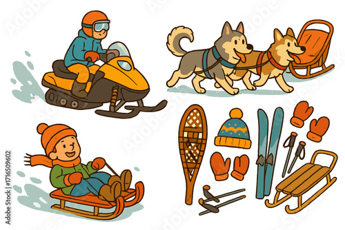 Winter activities collection vector cartoon illustration set. Fun outdoor recreation with snowmobile, child sledding, husky dog sled, skis, snowshoe and winter gear.