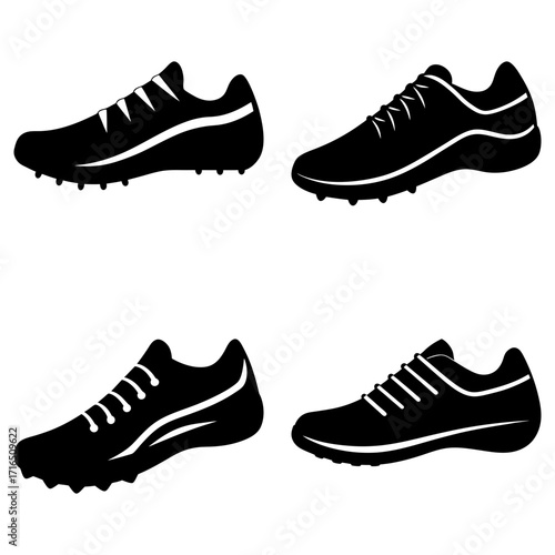 Four black and white athletic shoes with laces and cleats arranged on a white background in a grid