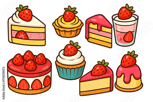 Strawberry cake and dessert icon set. Cute cartoon vector illustration collection of sweets, pastries, cupcakes, and cheesecakes. Kawaii bakery and patisserie food graphic.