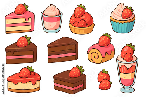 Set of cute cartoon desserts with strawberry. Cake slice, chocolate cake, cupcake, swiss roll, tart, parfait vector illustration. Sweet food icons for bakery and cafe menu design.