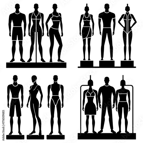 Collection of mannequin silhouettes showcasing various clothing styles and body types in a retail setting