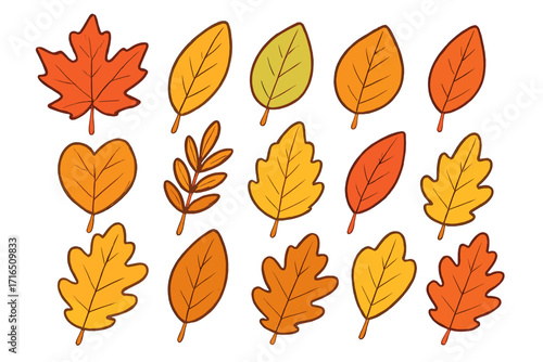 Autumn leaves vector set. Colorful cartoon fall foliage illustration. Collection of isolated design elements like maple, oak, elm leaf icons for seasonal nature decoration.