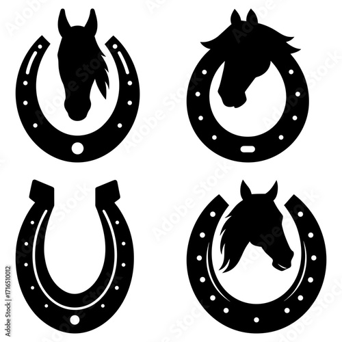 Four black horse and horseshoe silhouettes arranged in a square formation on a white background image