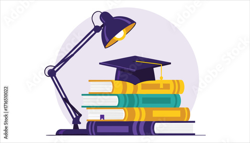 Stack of colorful books with graduation cap under bright desk lamp, symbolizing education, study, knowledge, learning, and academic success