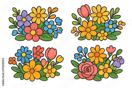 Set of colorful cartoon flower arrangements. Hand drawn floral bouquet collection. Vector clipart for spring decoration, greeting cards. Vibrant garden nature doodle illustration.