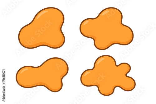 Set of liquid blob shapes. Abstract orange fluid splash collection. Vector cartoon illustration of amorphous organic puddles. Melted caramel, honey or cheese sauce drops.