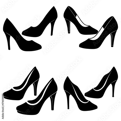 Illustration showing four pairs of black high heel shoes on a white background in a simple graphic style