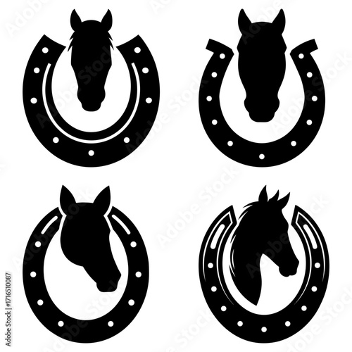 Four black horse head silhouettes inside horseshoe shapes with white dots on a white background image