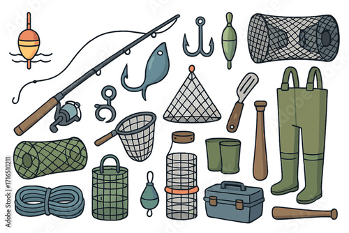 Fishing gear equipment collection. Vector cartoon illustration set. Angling sport and hobby tools. Rod, hook, lure, net, trap, waders, tackle box for marine harvesting.