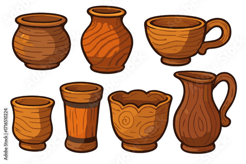 Set of cartoon wooden vessels. Collection of various handmade wood cups, pots, jug, and vase. Vector illustration of rustic kitchenware, pottery with wood grain texture.