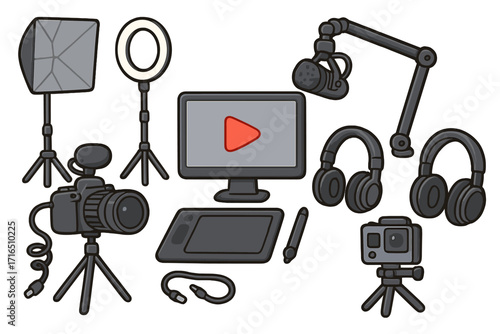 Content creator & vlogger equipment set. Vlogging, streaming, podcast gear for digital workspace. Multimedia kit: camera, mic, lights. Vector cartoon illustration concept.