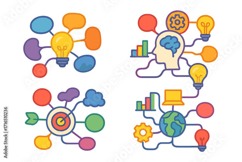 Colorful mind map illustration set. Infographic elements for business strategy, brainstorming, and creative thinking. Concept of connection, planning, and goal setting. Vector.