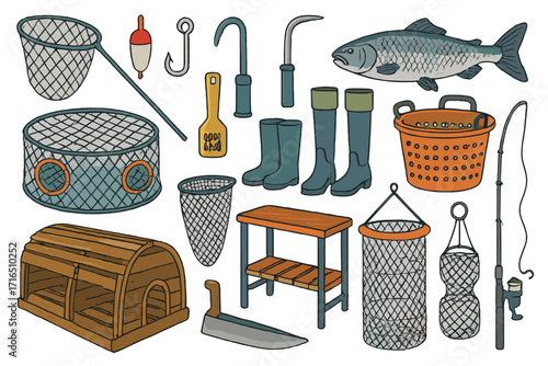 Fishing and aquaculture equipment set. Vector cartoon collection of fisherman tools. Angling gear icons with rod, net, trap, hook, fish, boots. Commercial fish farming concept.
