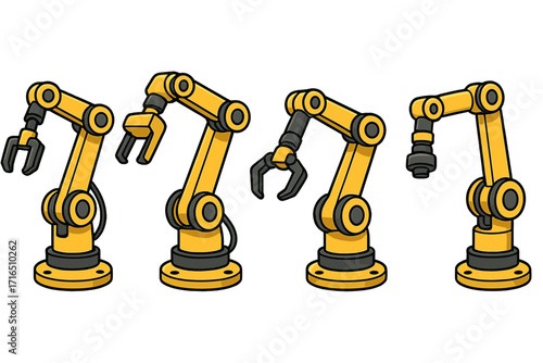 Collection of industrial robotic arms. Factory automation with manipulators and grippers. Concept for manufacturing, assembly line technology. Vector cartoon illustration set.