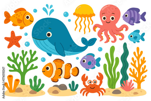 Cute cartoon sea animals set. Marine life collection with fish, whale, octopus, crab, jellyfish. Underwater wildlife vector illustration for kids. Ocean creatures and plants.